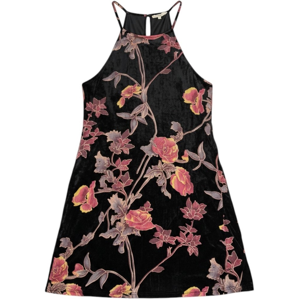 Entro Velvet Floral Halter Mini Dress Black Pink Y2K Grunge D8112 Large